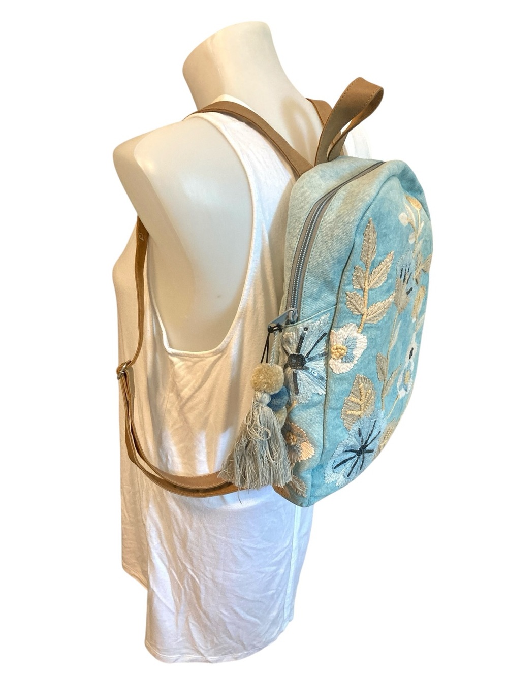 CROSSTREE LANE Embroidered Floral embroidered sequined chambray  Blue Backpack - Picture 2 of 10